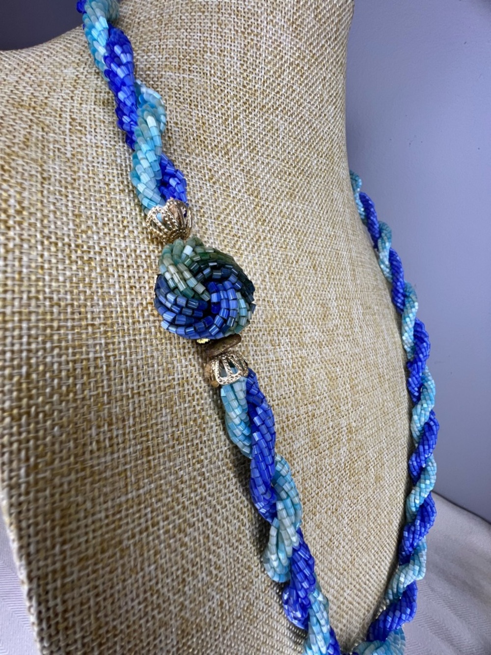 Japan Stamped Vintage Handcrafted Blue Braided Glass Seed Bead Necklace